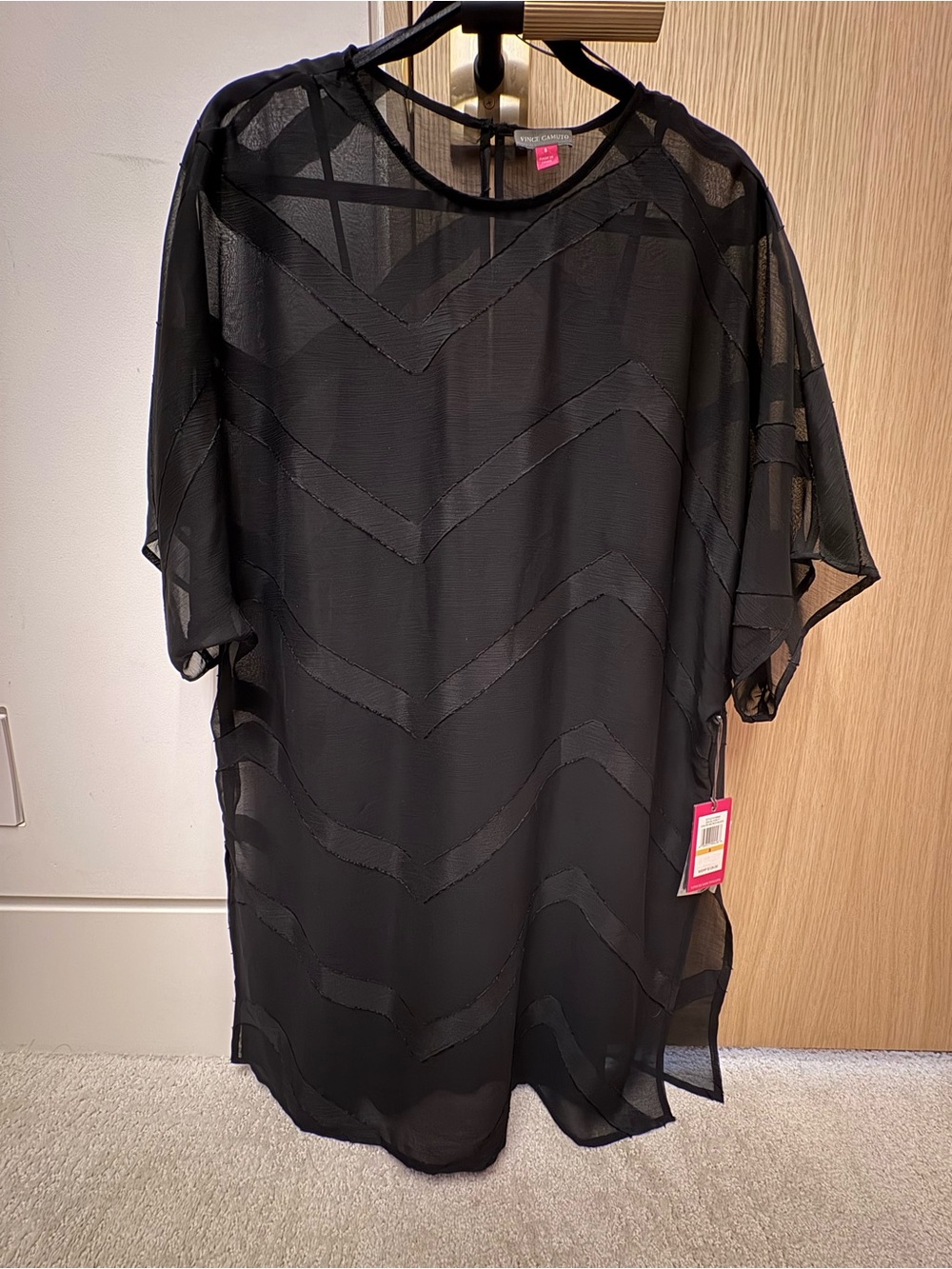 NWT- Vince Camuto Sheer Chevron Overlay Dress + Slip - Black